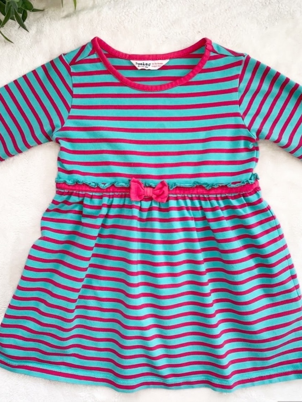 Beebay Blue & Pink Stripe Dress 12-18M Long Sleeves EUC
